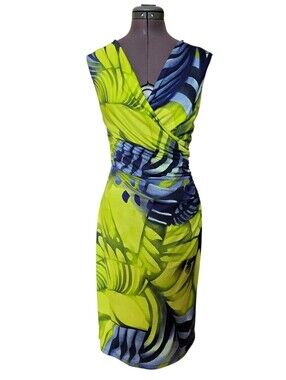 SZ12 Frank Lyman Design Lime Green & Navy Sleeveless Wrap-Style Midi Dress